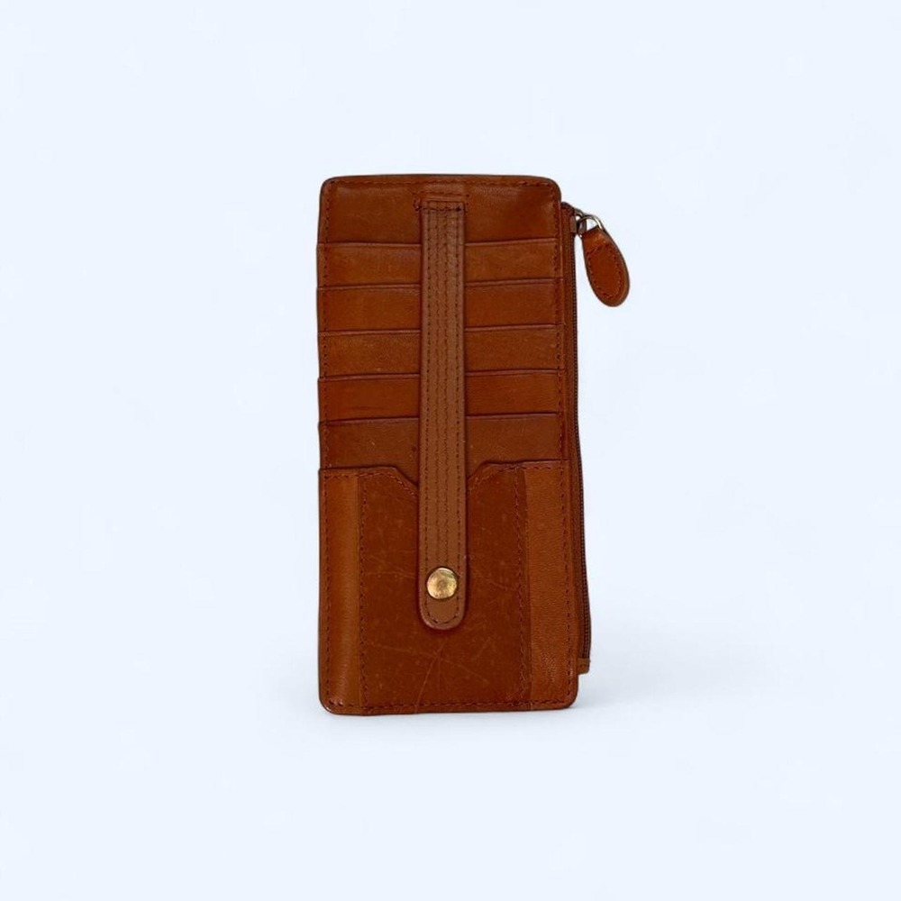 Brown leather wallet with multiple card slots‎ and a zippered compartment